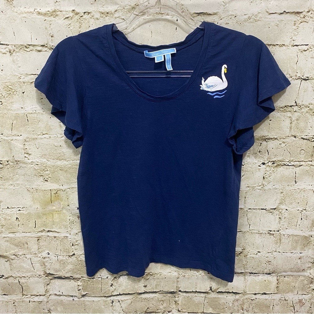 Draper‎ James Blue Swan Cotton Flutter Sleeve T Shirt